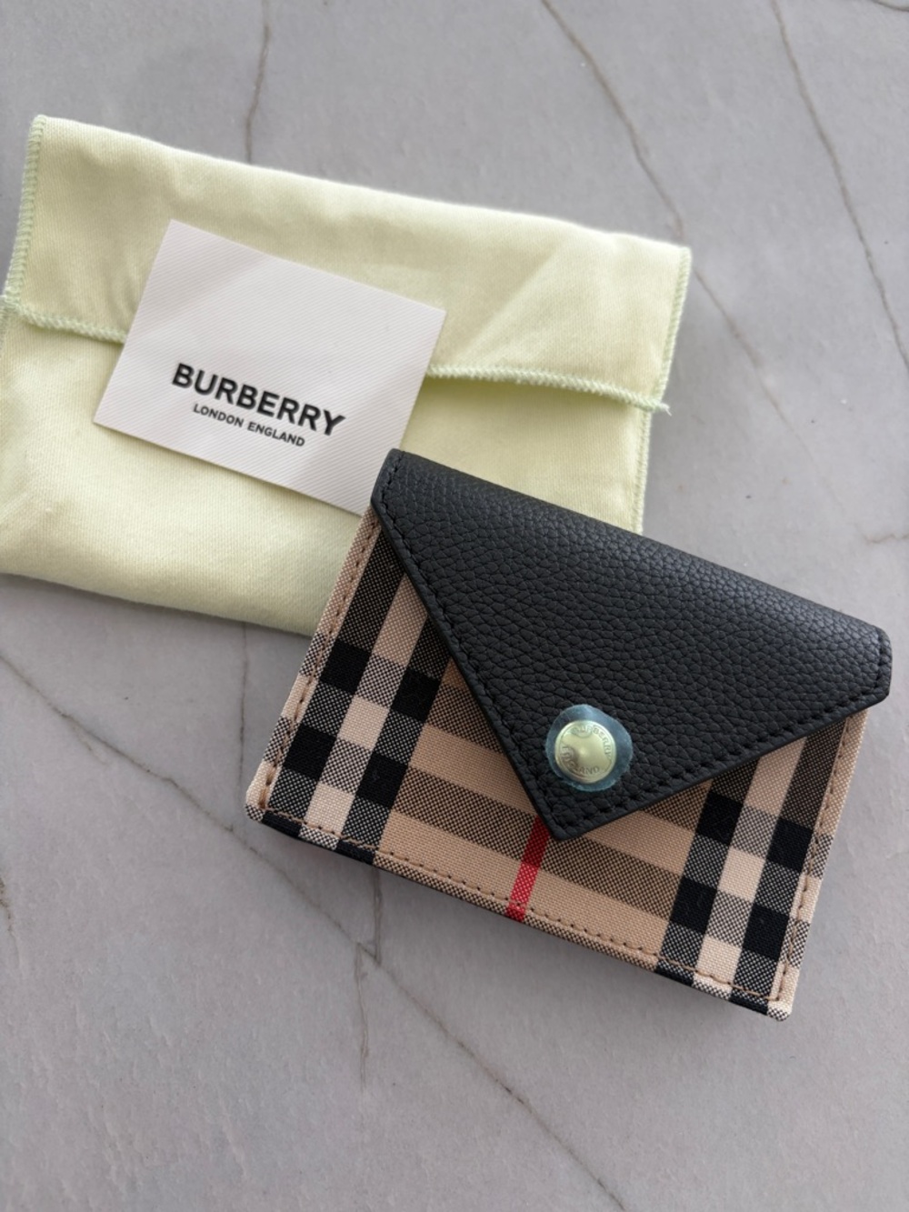 Burberry Black & Beige Check Envelope Card Holder with Red Accent
